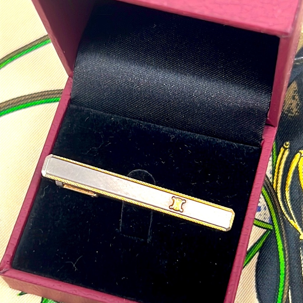 CELINE Sterling Silver 925 Tie Bar Tie Pin Logo clip Formal vintage authentic